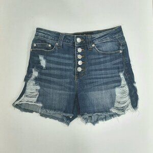 Button fly distressed high rise waisted denim jean shorts medium wash